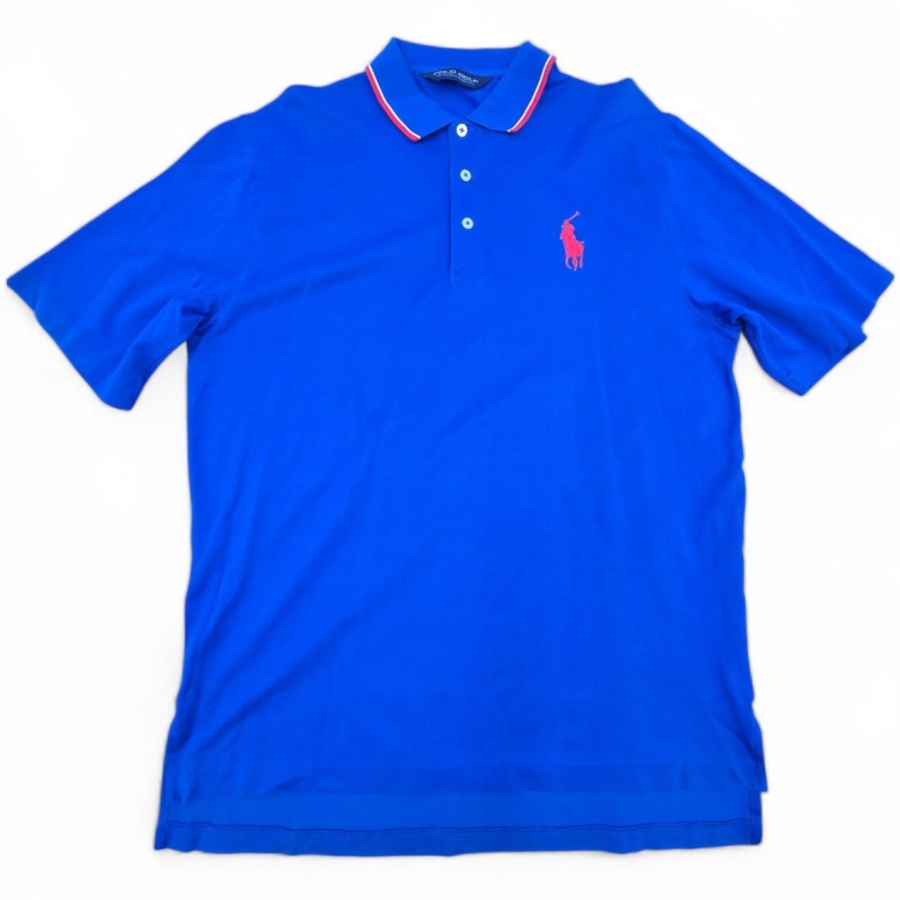 Polo Golf Ralph Lauren Mens M Blue Pima Cotton Tipped Polo Shirt Red Pony